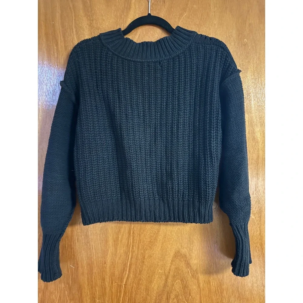 Free People Bell Song Sweater Black Pointelle Knit Pullover Boho Small